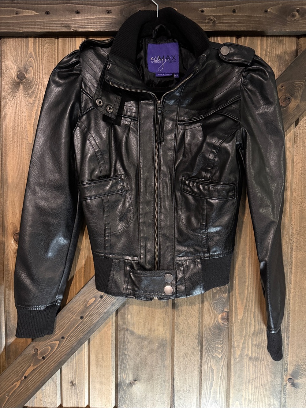 Miley Cyrus & Max Azria Women's Black Faux Leather Bomber Jacket